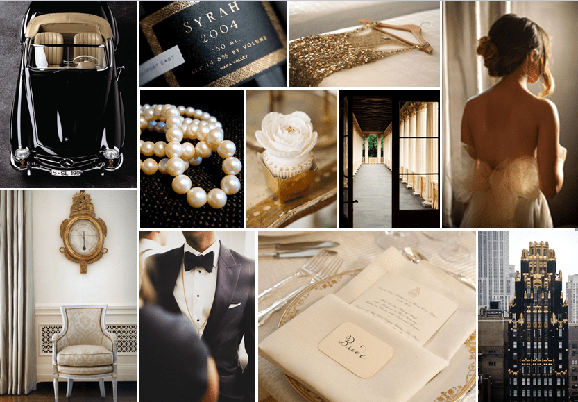 wedding inspiration board black, gold, and ivory